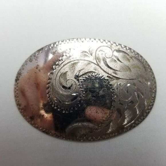 Vintage Sterling Silver Oval Brooch, Scroll Etched Design, Minimal Unisex Estate - Picture 2 of 6